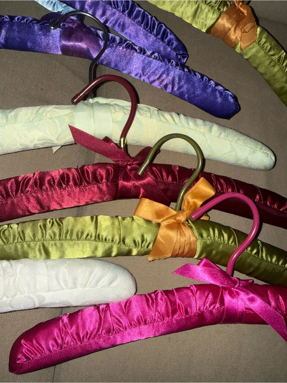 14 Vintage satin Cloth padded hangers various pastel colors patterned designs